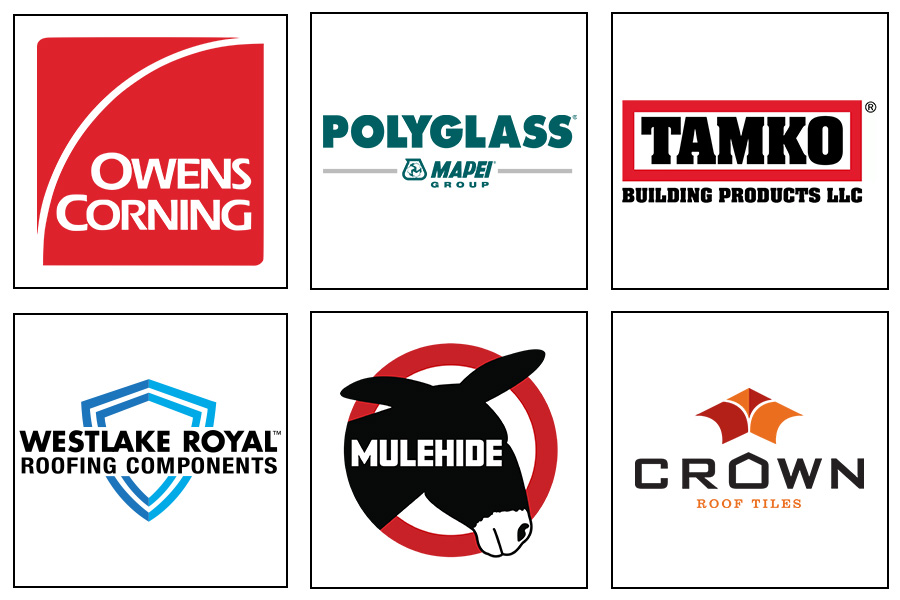 Owens Corning, Polyglass, TAMKO, Westlake Royal Roofing Components, Mulehide and Crown Roof Tiles Manufacturer Logos used by Best Roofing Contractor Amherst Roofing Company