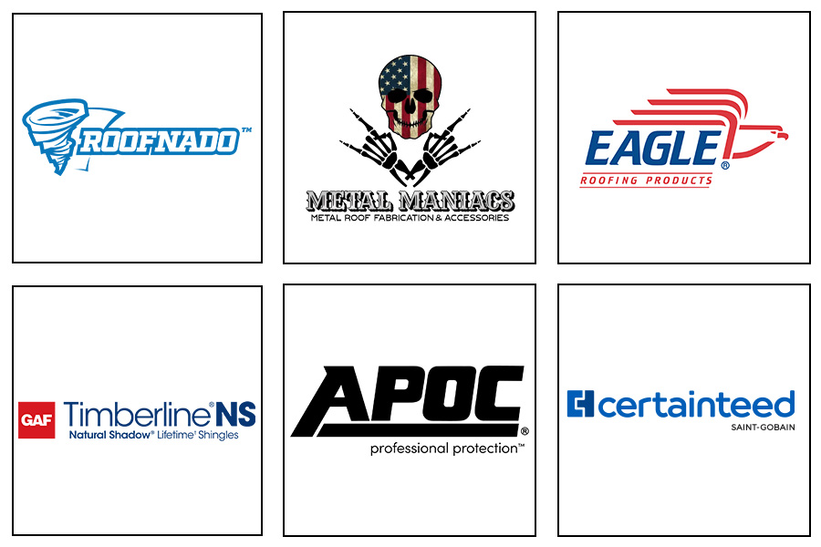 Roofnado, Metal Maniacs, Eagle Roofing Products, GAF Timerbline, APOC and Certainteed Manufacturer Logos used by Best Roofing Contractor Amherst Roofing Company